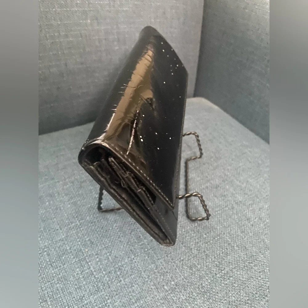 Authentic Dior Black Patent Leather Wallet Clutch with Fold-Over Design Silver